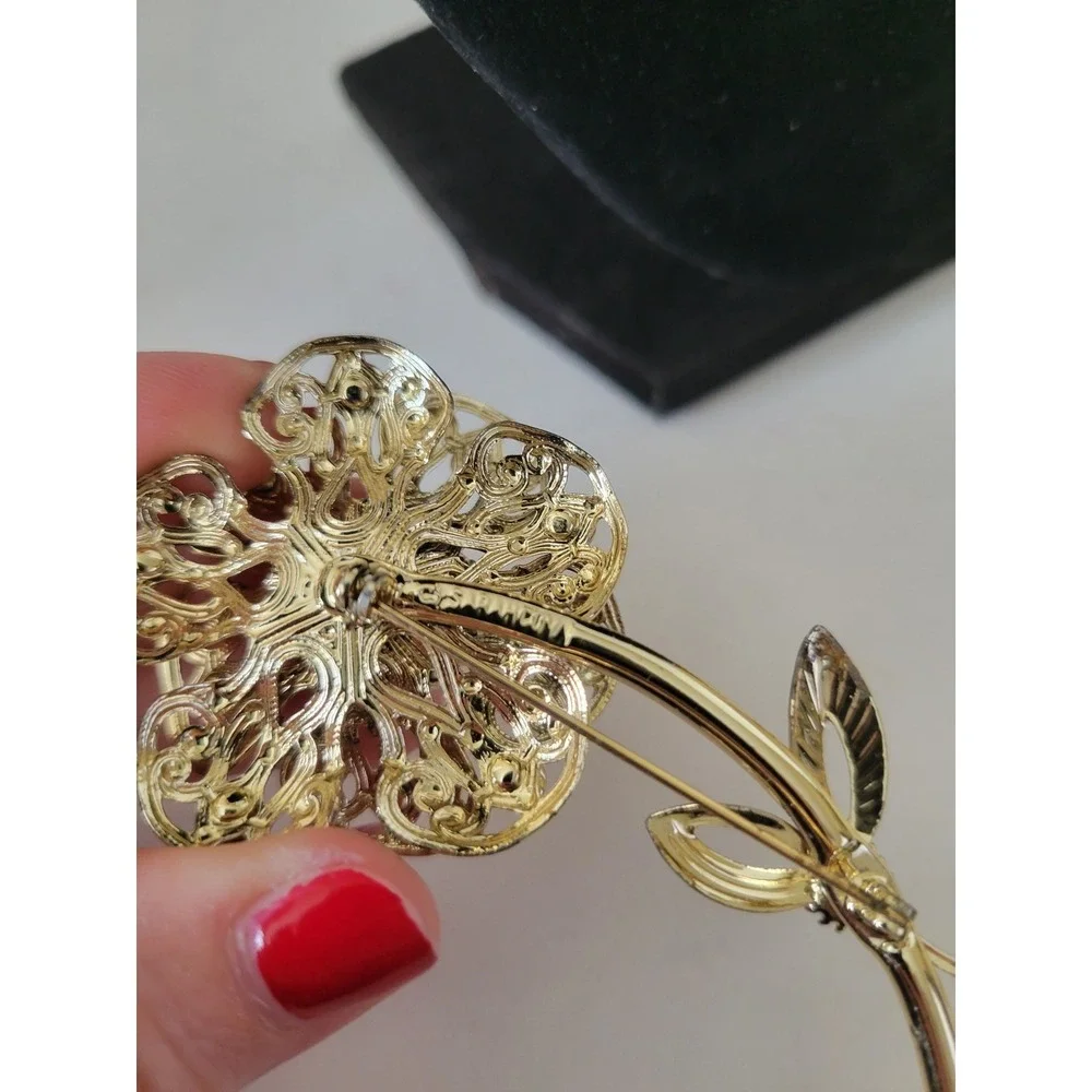 Vintage Gold Tone Filigree Flower Brooch Pin Aurora Borealis Rhinestones